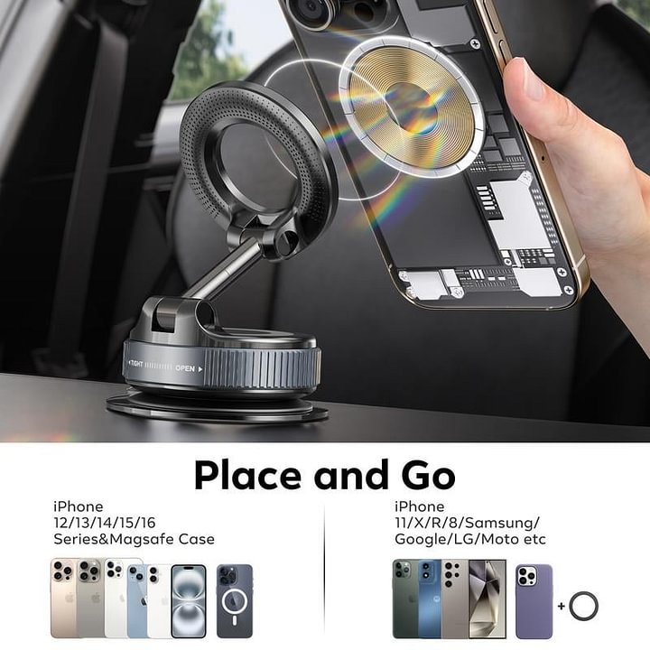 Magnetic Phone Mount, Suction Car Phone Holder, Vacuum Phone Mount with One-Step Lock-50%OFF