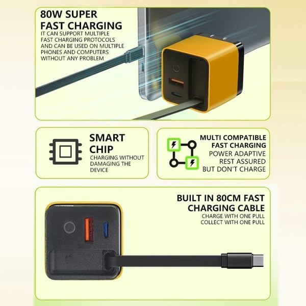 🌎3 in 1 GaN Charger,Scalable 80W MAX fast charger module with Type-C cable and 1 USB p🌎orts