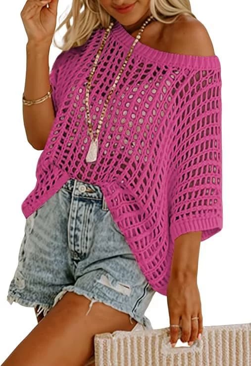 Womens Summer Scoop Neck Short Sleeve Sweater Casual Crochet Hollow Out Knit Tops Pullover Shirts Beach Coverup