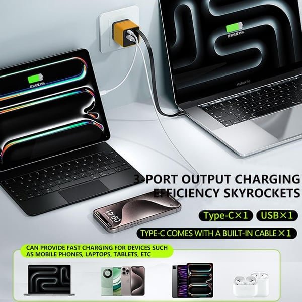 🌎3 in 1 GaN Charger,Scalable 80W MAX fast charger module with Type-C cable and 1 USB p🌎orts
