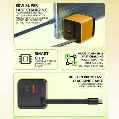 🌎3 in 1 GaN Charger,Scalable 80W MAX fast charger module with Type-C cable and 1 USB p🌎orts