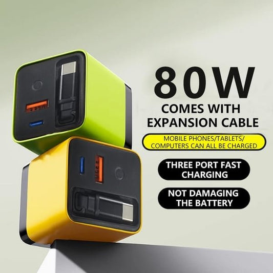 🌎3 in 1 GaN Charger,Scalable 80W MAX fast charger module with Type-C cable and 1 USB p🌎orts